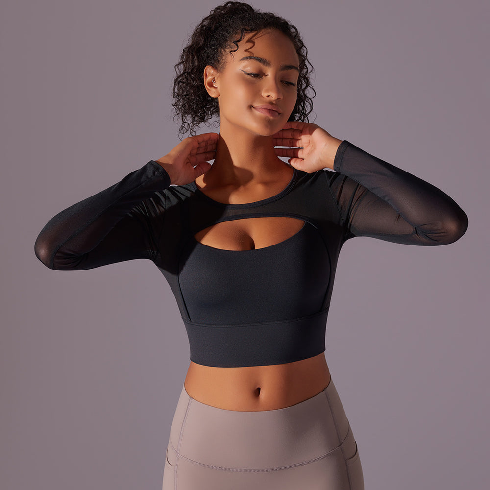 Fashionsexy beautiful back bubble wrap push up sports bra fake two-piece mesh long sleeves all-in-one cup women's yoga fitness wear