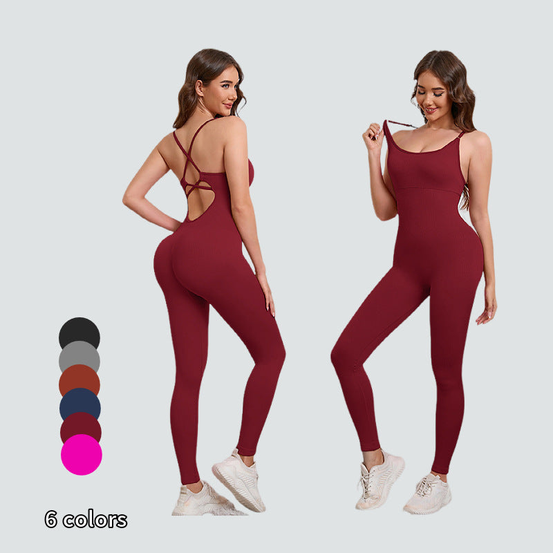 back cross strap button strap chest pad pants jumpsuit seamless sportswear fitness dance jumpsuit for women