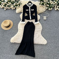 Xiaoxiangfengtwo-piece setfemaleautumfrenchcontrast colormetal bucklelong sleevesruffle hemknitting shirt skirt