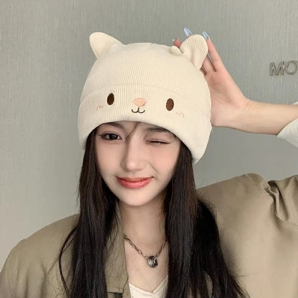 Autumn and winter Korean version knitted wool hat cartoon cat ears confinement hat female postpartum cute hat thermal cover hat female