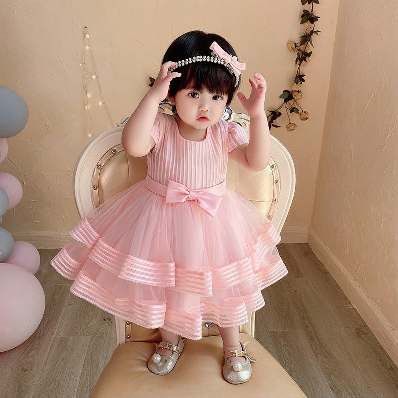 Ready-to-ship children's formal dress - airplane sleeve princess dress for baby girls, perfect for first birthday celebrations