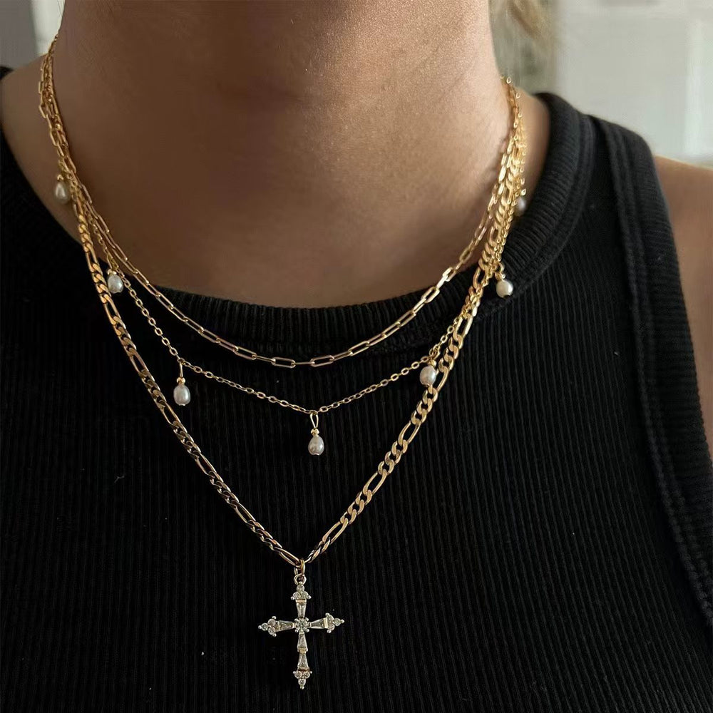 Pearl sweater chain wholesale fashion cross-border multi-layered cross necklace stylish design long clavicle chain