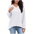 cross-border new women's fashion casual solid color v-neck long sleeve top hoodless sweatshirt