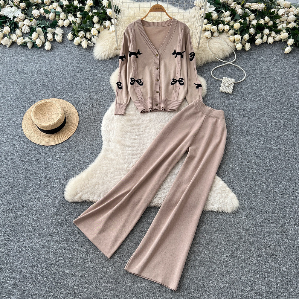 Fashionexportv necksweetcardigantopsloose pantsknittingtwo-piece setfemalefall and winter silmelegantsuit
