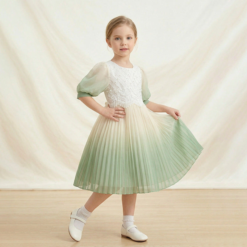 fashion style personalized girldress chiffon printinghalf length sleeve pleated skirtnew arrivalkids skirt