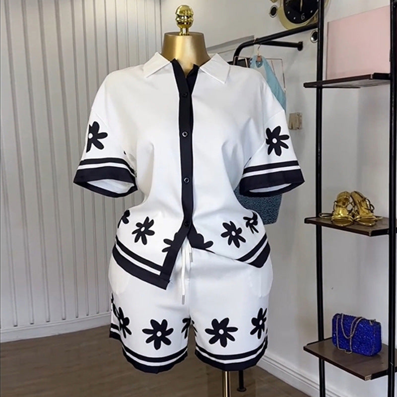 European and american cross-border women's fashion:  summer new collection - stylish lapel color block print shirt & wide leg shorts casual set