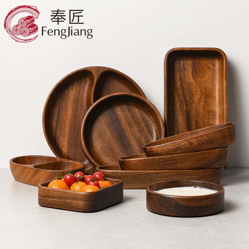 Walnut wood fruit platter solid wood round salad bowl dish dinner plate household kids fruit plate wholesale wooden tray