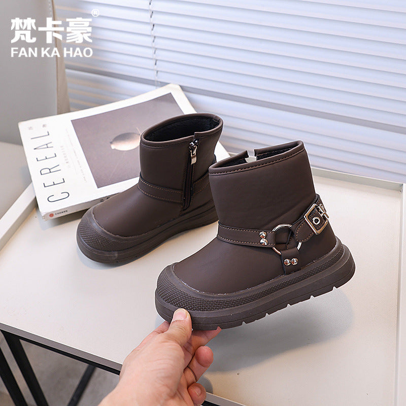 Vancahao boys' black ankle boots - new korean style for winter  - girls' casual boots - trendy cotton shoes for mid-to-large children
