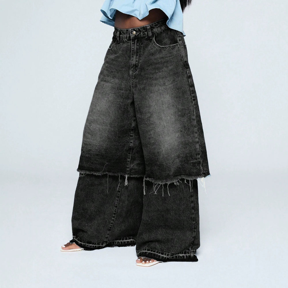 Fashionjeans women's washed fake two-piece raw edge loose pants high waist mop street looseplus sizestraight-legpants