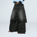 Fashionjeans women's washed fake two-piece raw edge loose pants high waist mop street looseplus sizestraight-legpants