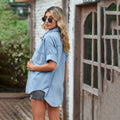spring new european and american cross-border trade  denim shirt short sleeve casual batwing top women's