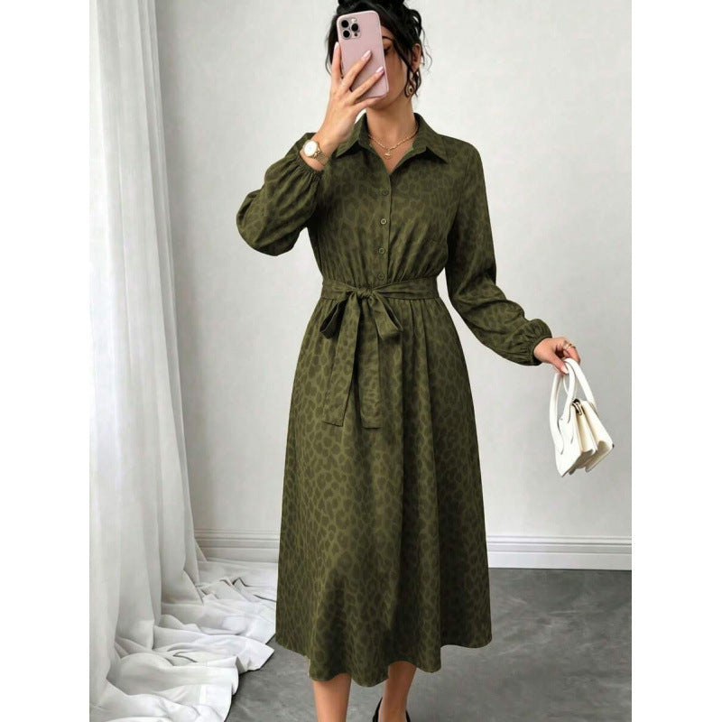 fashioneleganceautumtie back design lapel long sleeves button printing medium longdress women