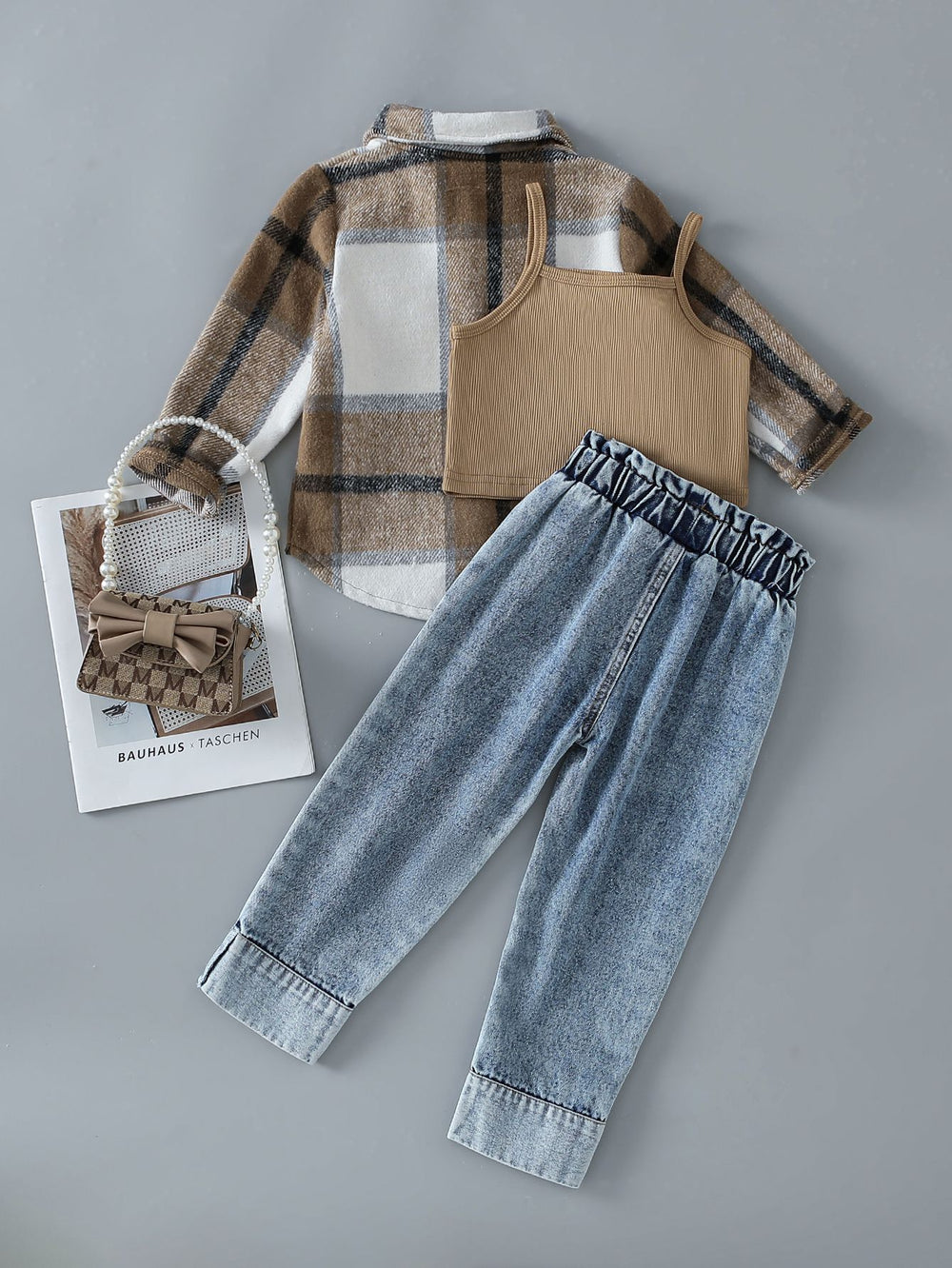 New arrivalautum cross-border girl's woolen lapel shirt suspender denim vest heavy washing water worker jeans three-piece set