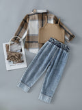 New arrivalautum cross-border girl's woolen lapel shirt suspender denim vest heavy washing water worker jeans three-piece set