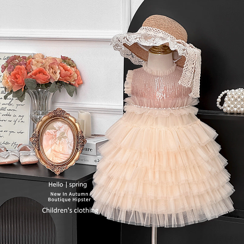 Girls' summer dress  new style sleeveless tank dress soft tulle sequin heavily embellished little girl's cake dress