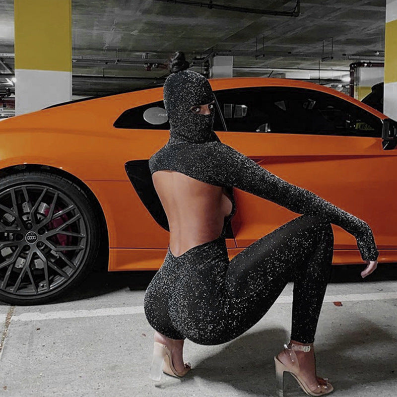 European and american style cross-border  autumn fashion sexy glitter backless high neck long sleeve slim fit hooded jumpsuit wholesale