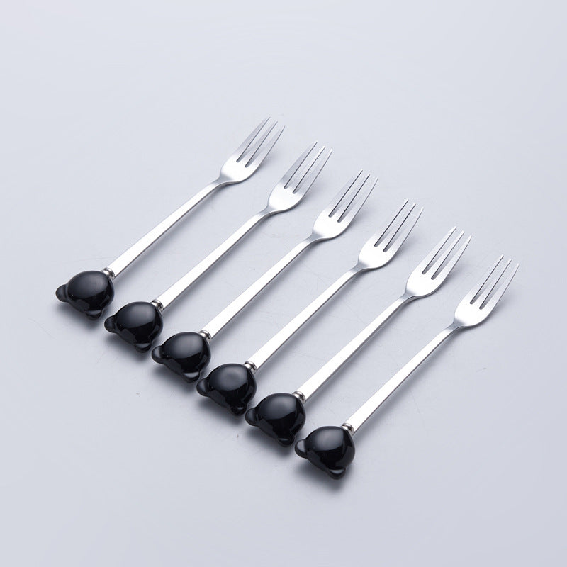 Luxury new year fruit fork set - stainless steel fruit forks with storage jar, premium ceramic bear fork & spoon jar set