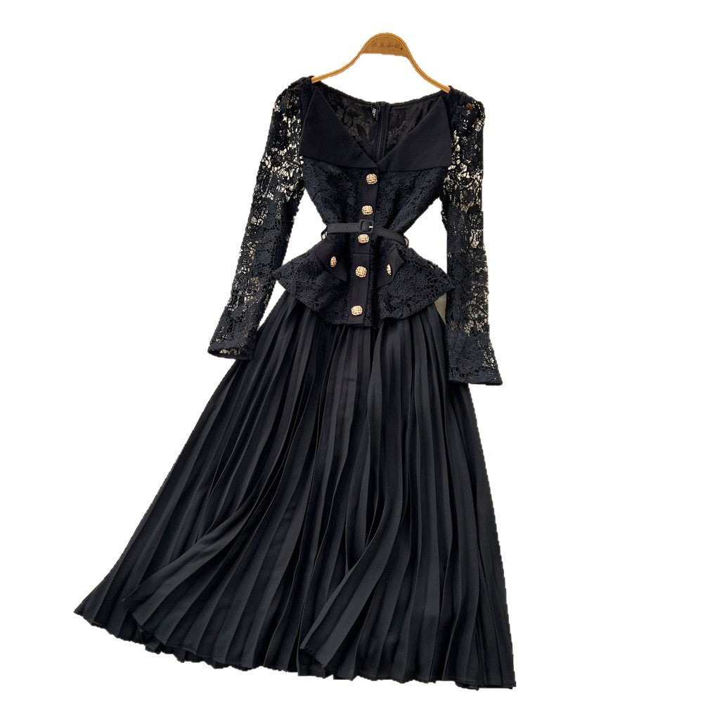 Frenchclassy sense lapel lacepatchwork metal buckle waist pleated dress female autum tweed style long skirt