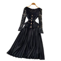 Frenchclassy sense lapel lacepatchwork metal buckle waist pleated dress female autum tweed style long skirt