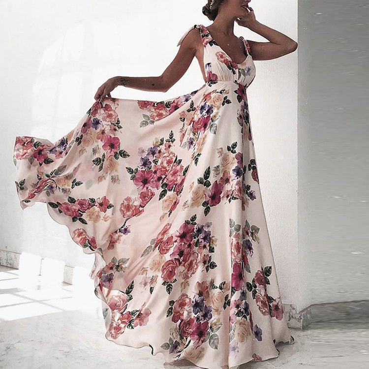 2025 summer new arrivals: cross-border amazon fashion - european & american style open-back printed dress, sleeveless maxi slip dress with flared skirt