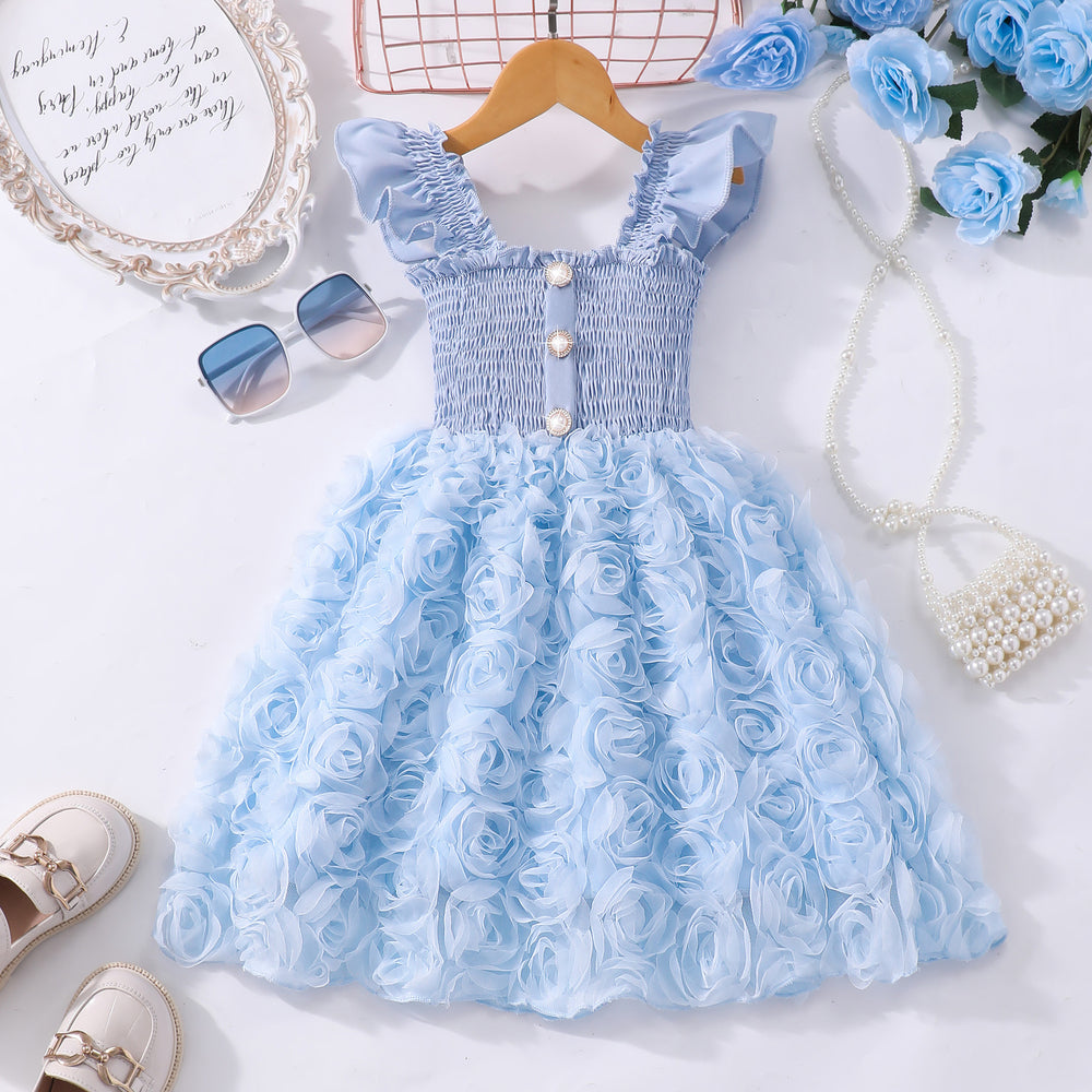 Girls' (toddler) dress, summer solid color flutter sleeve 3d rose ruched dress