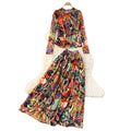 Lightly mature outfit for women fashionfashionprinting round neck long sleevest-shirt tops+high waistdraped large hem skirtsuit
