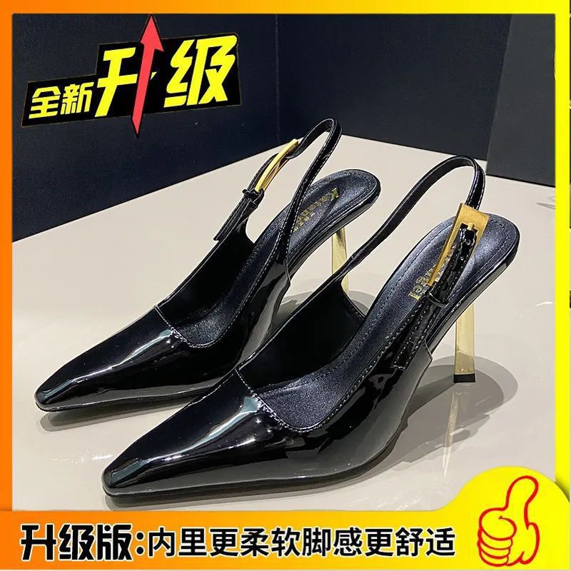 Back strap high heels for women 2024 metal stiletto small square toe one-word buckle sexy black patent leather toe sandals