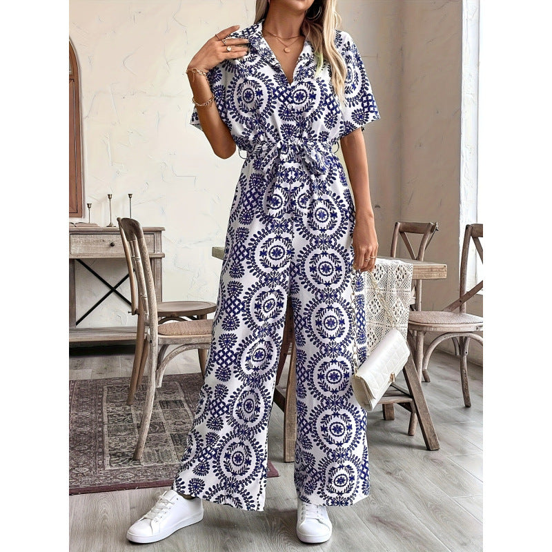 code new arrival  original women's elegance ethnic style lapel printing short-sleeved jumpsuit