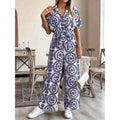 code new arrival  original women's elegance ethnic style lapel printing short-sleeved jumpsuit