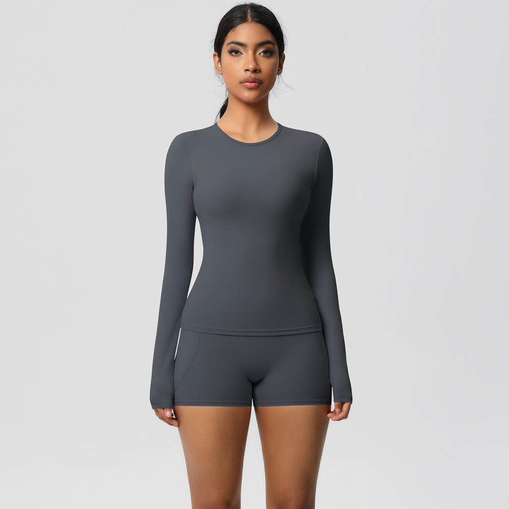 European and american solid color slim-fit long sleeve t-shirt yoga outfit set - high-waisted, barely-there feel, quick-dry activewear two-piece set for running and fitness
