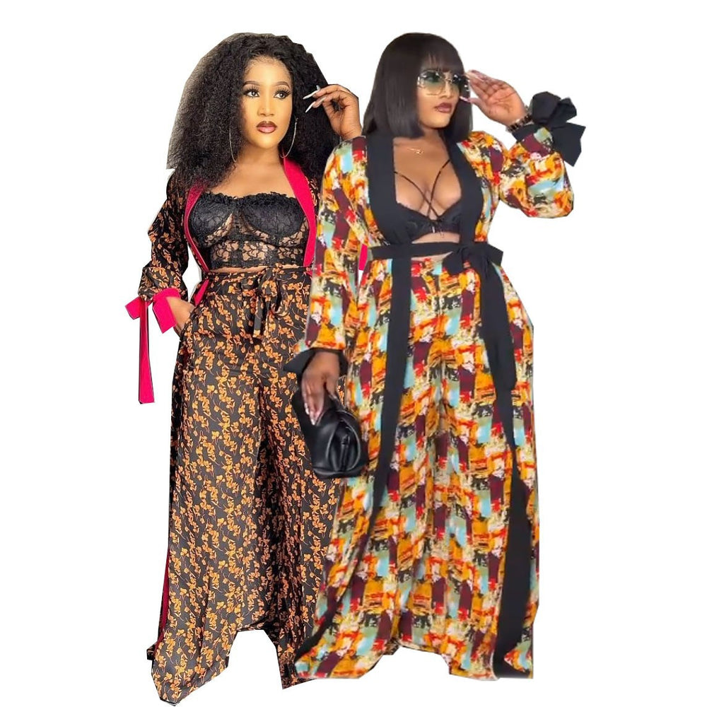 European and american style african digital print robe and cape set with printed loose wide-leg pants and belt - special offer