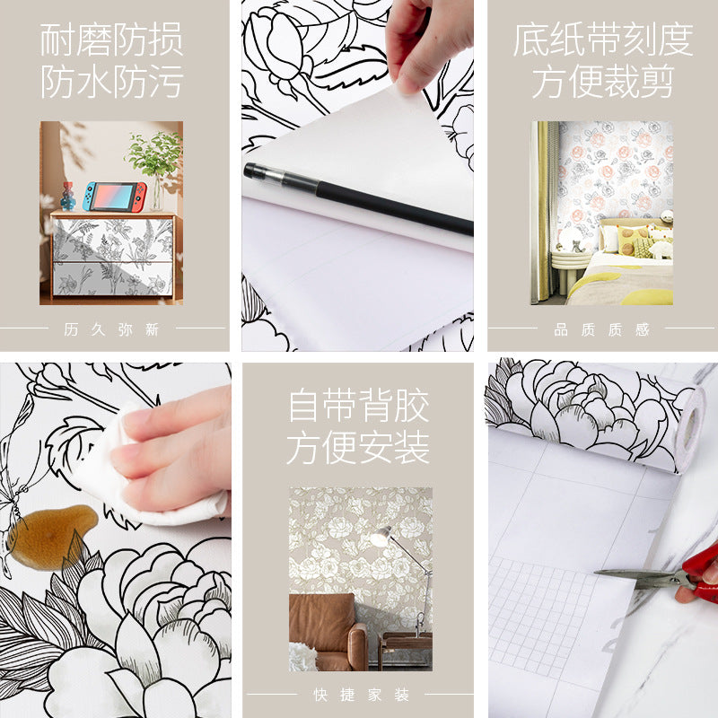 Cross-border sketch flower wallpaper thickened waterproof PVC wallpaper self-adhesive background wall decoration personalized wall sticker cloth with glue