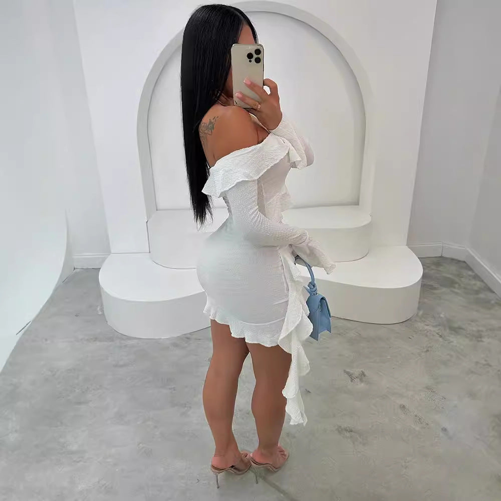 European and american cross-border women's fashion:  autumn new collection - solid color flared sleeve bandeau off-the-shoulder sexy bodycon dress