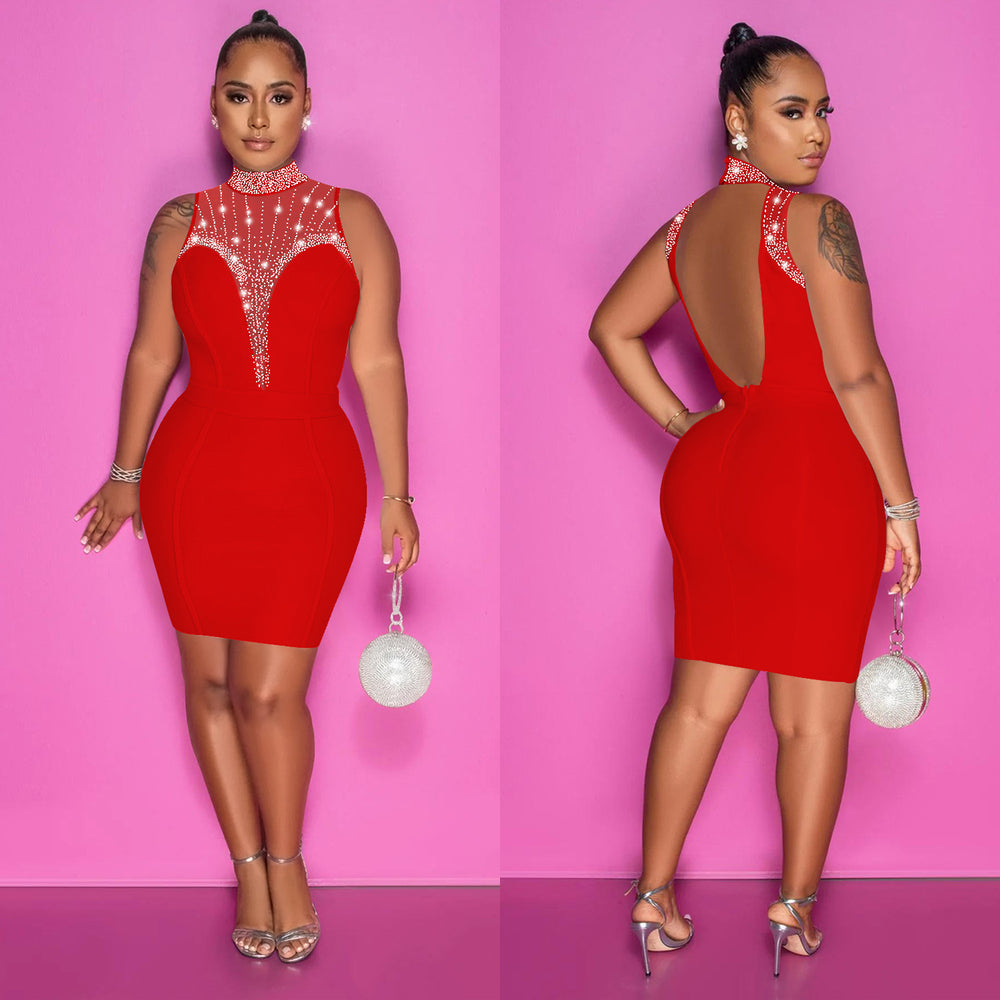 C6163 cross-border   fashion women's solid color hotfix rhinestone mesh see-through sleeveless dress