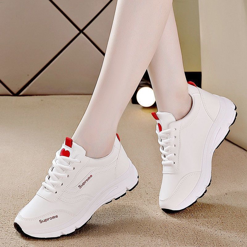 Women's sneakers 2025 spring/autumn new breathable leather white shoes korean style versatile thick sole casual running shoes