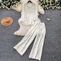 Lazy style pink cardigan wide-leg pants two-piece set female autum lazy feeling work clothingeasiest for matchfashionableelegantsuit