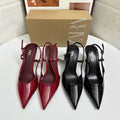Za2025 spring new women's shoes red patent leather slingbacks pointed toe stiletto heels single shoes ankle strap mules
