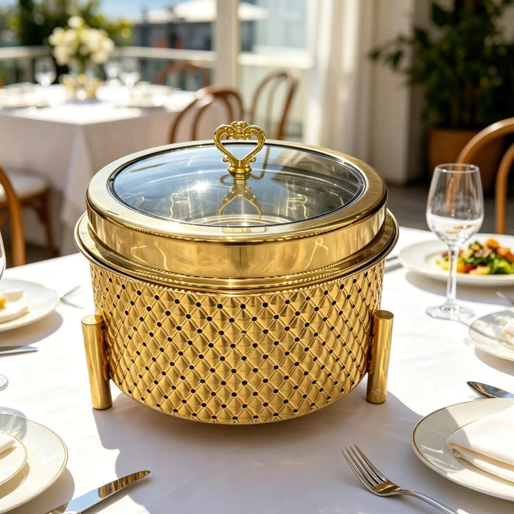 Newly designed stainless steel gold and white 9l thermal pot with alcohol heating, long life and durable hanging lid type food insulation