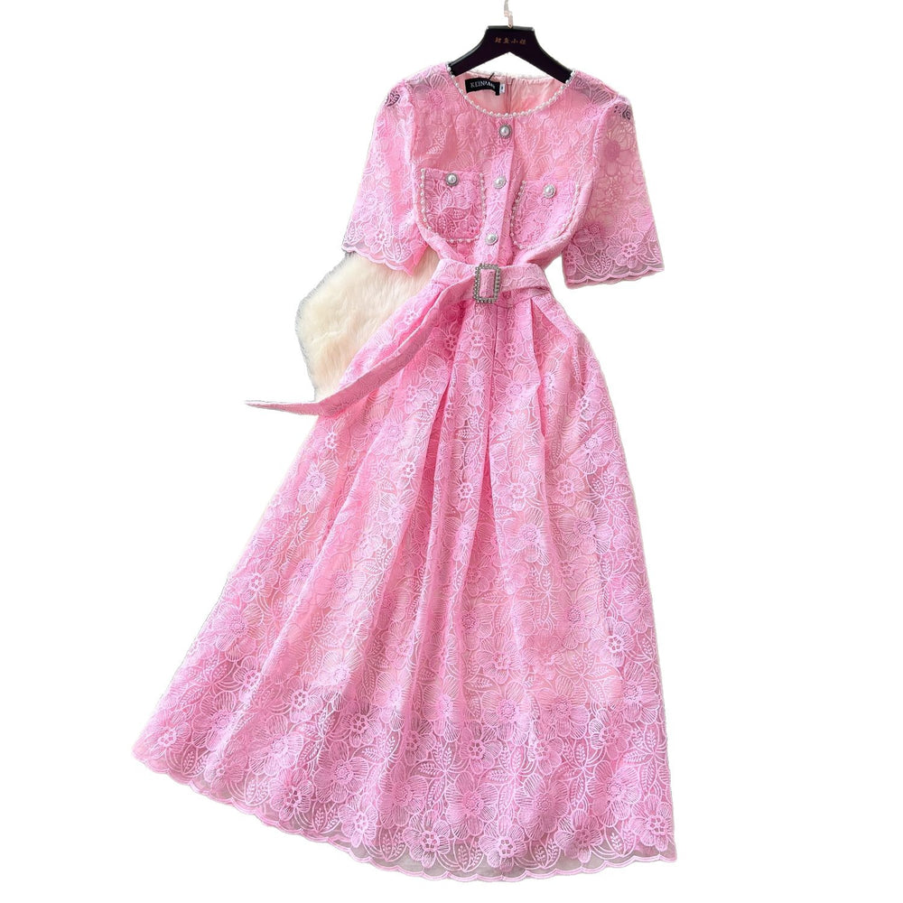 French chic beaded round neck short sleeve dress - premium embroidery, slim fit, figure-flattering, elegant women's dress