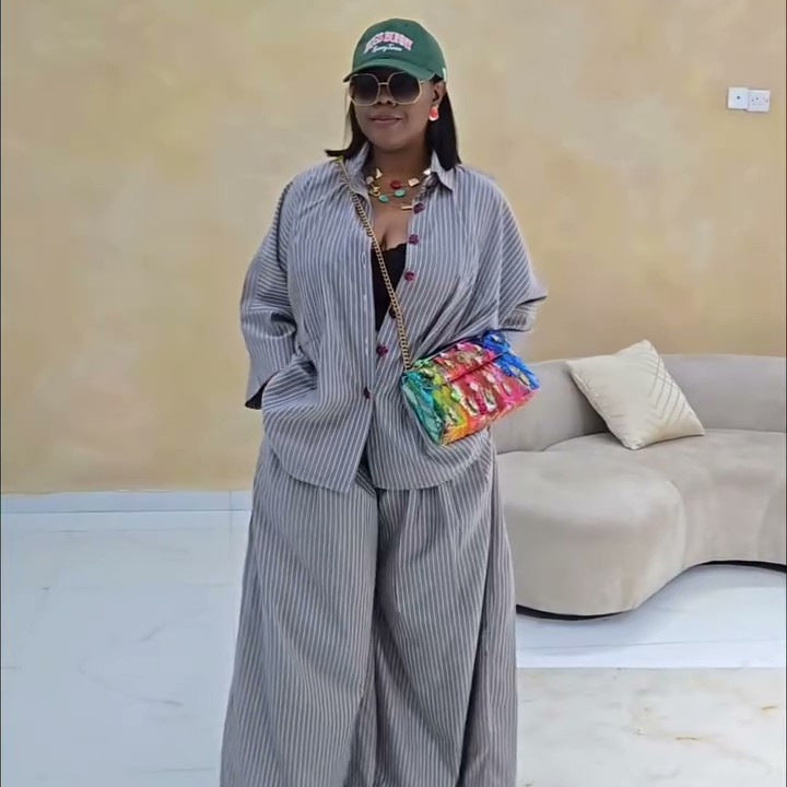 European and american cross-border women's fashion:  summer new collection - striped print oversized shirt and wide-leg pants casual set