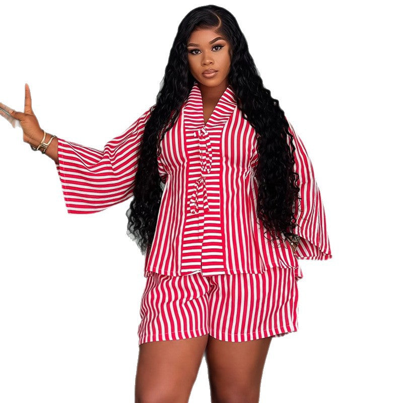 European and american style women's clothing  new sweet and fresh striped v-neck tie-up three-quarter sleeve blouse and high-waisted straight-leg pants two-piece set