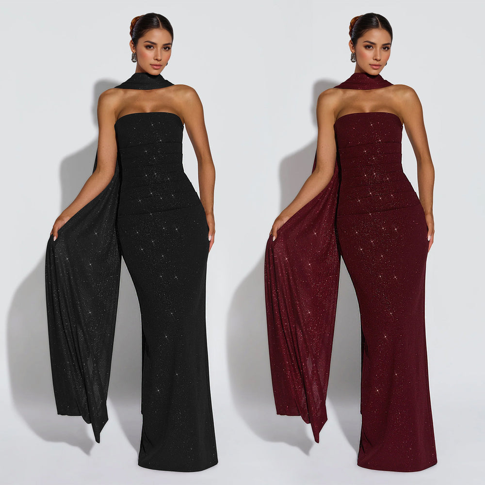 C7635 cross-border   fashion women's sexy bandeau sparkly bodycon slit dress