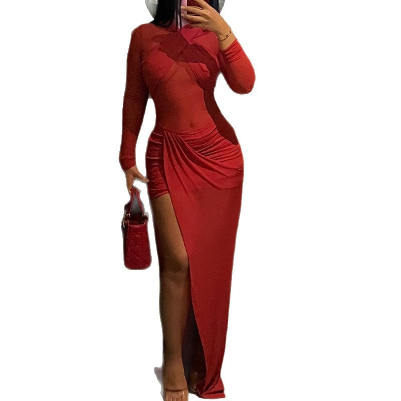 Fashion style cross-border pure color women's clothing chest-wrapped pleated slit hip-covering skirt see-through sexy high collar long sleevesdress trendy