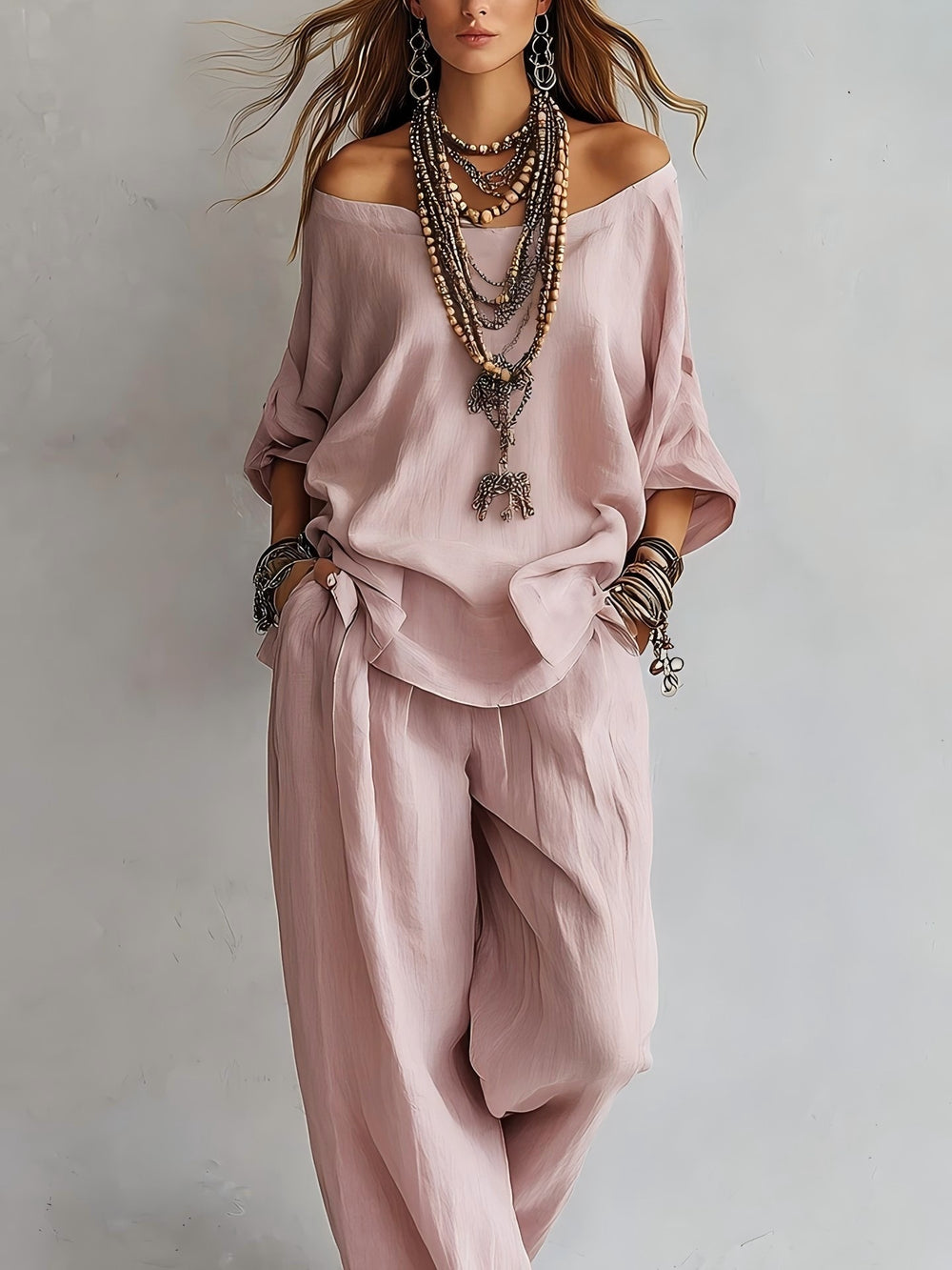 European and american cross-border  independent station summer new casual loose linen three-quarter sleeve top + wide-leg pants set