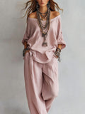 European and american cross-border  independent station summer new casual loose linen three-quarter sleeve top + wide-leg pants set