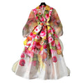 spring court style v-neck tie-waist mesh lantern sleeve printed slimming maxi dress