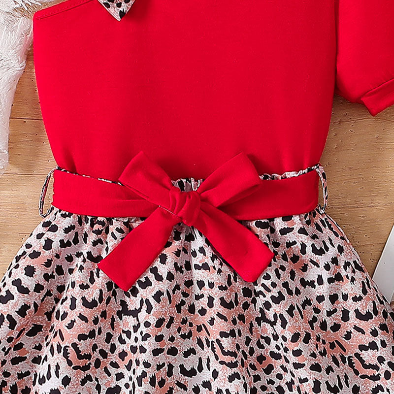 girl summer red shoulder suspender bowstops leopard print short skirt with same color belt suit