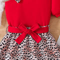 girl summer red shoulder suspender bowstops leopard print short skirt with same color belt suit