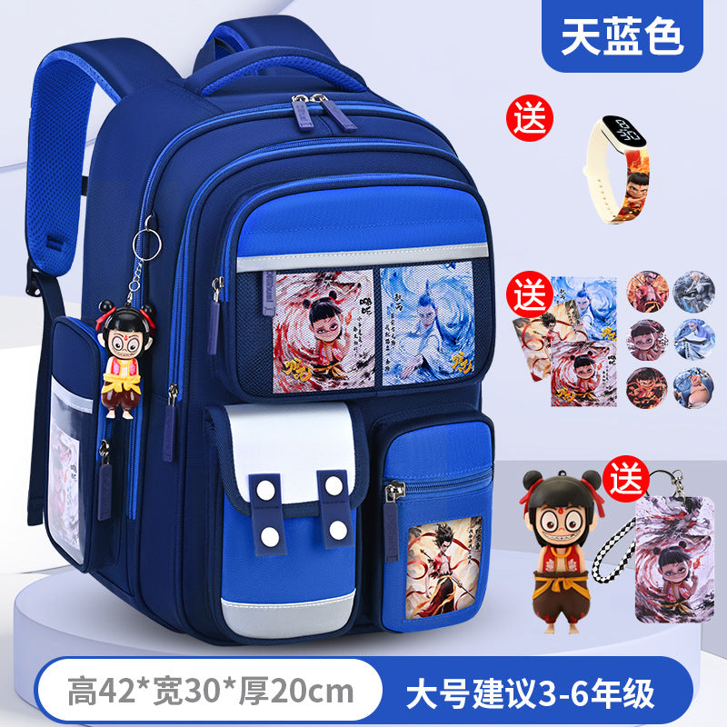 New nezha backpack for elementary school students, grades 1-6, lightweight, spine-protecting, load-reducing, large capacity for boys and girls