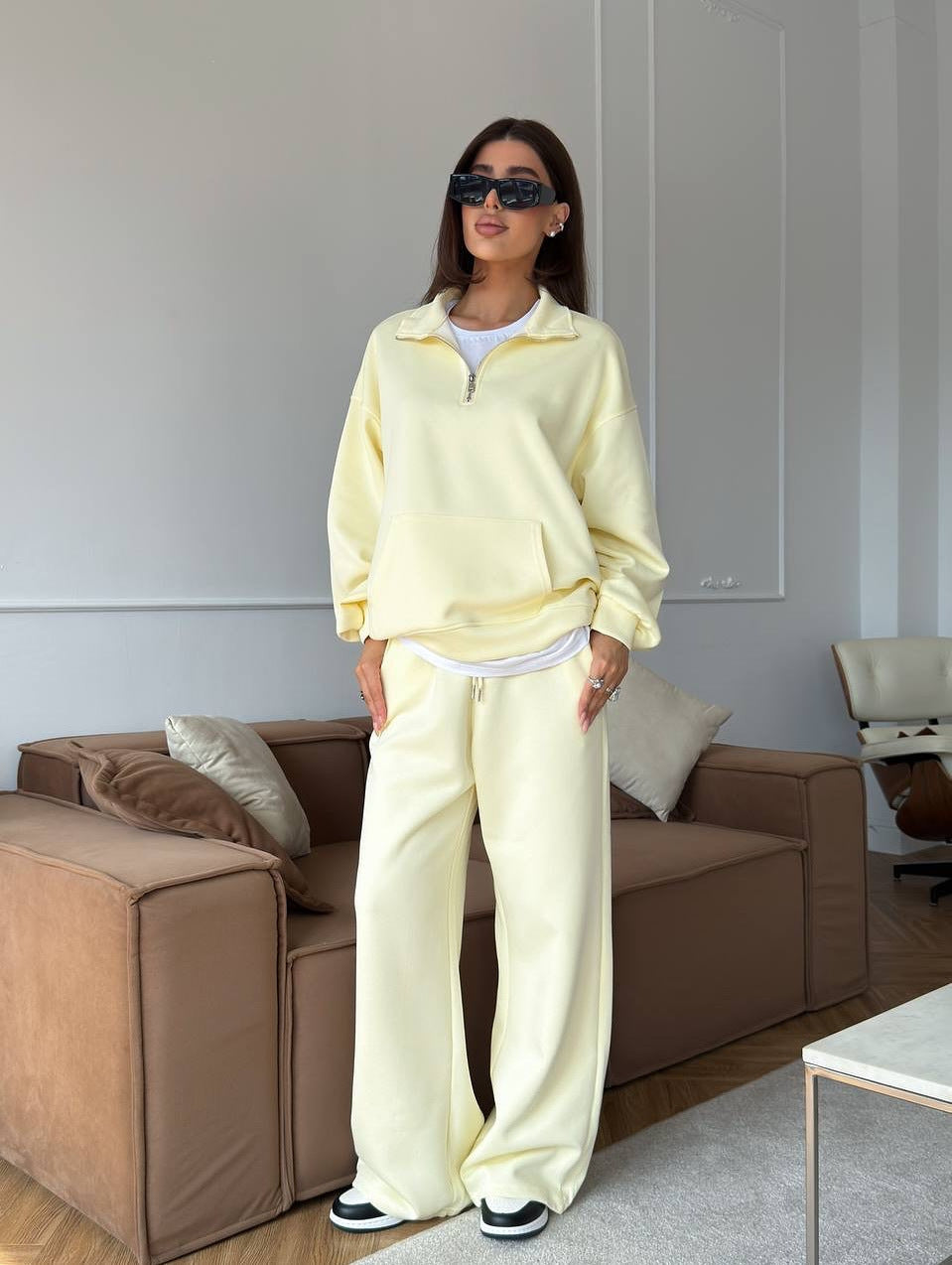 European and American  leisure women's cotton-containing set zipper lapel pullover sweater strap straight wide-leg pants two-piece set